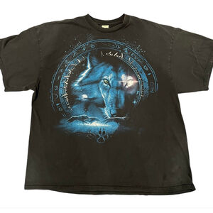 Vintage Wolf Graphic T-Shirt Size 3XL Crew Neck Native American Black Blue